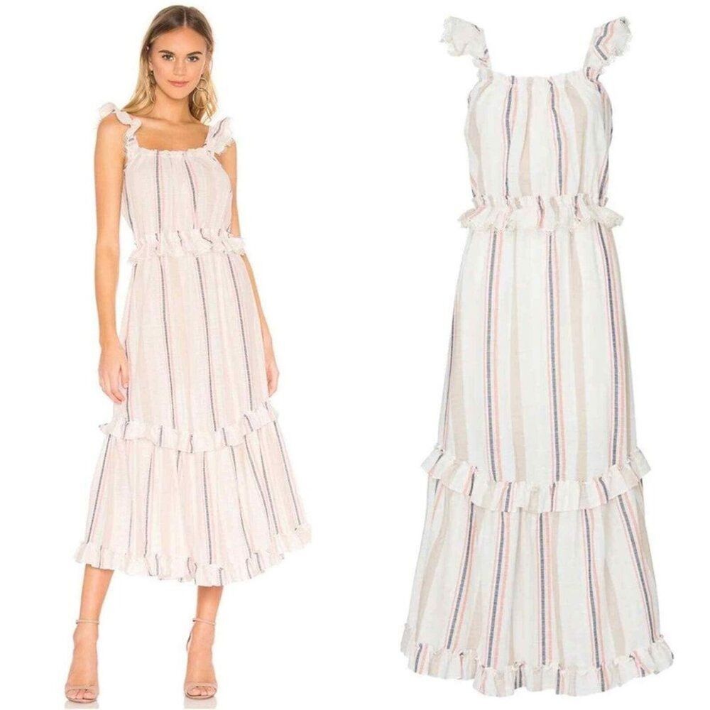 Misa Los Angeles Midi Dress Women XS Idonia Chambray Tiered Striped Beach Resort